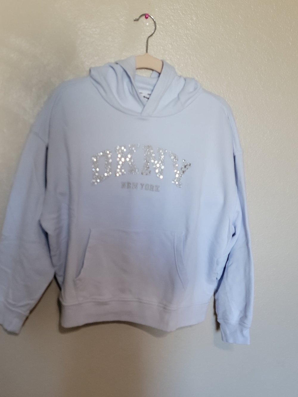 DKNY Light Blue Sequin Logo Hoodie Sweatshirt